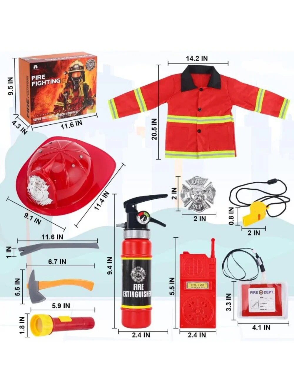 Kids Firefighter Costume Set - 10 Pcs Role Play Outfit & Toy Accessories for